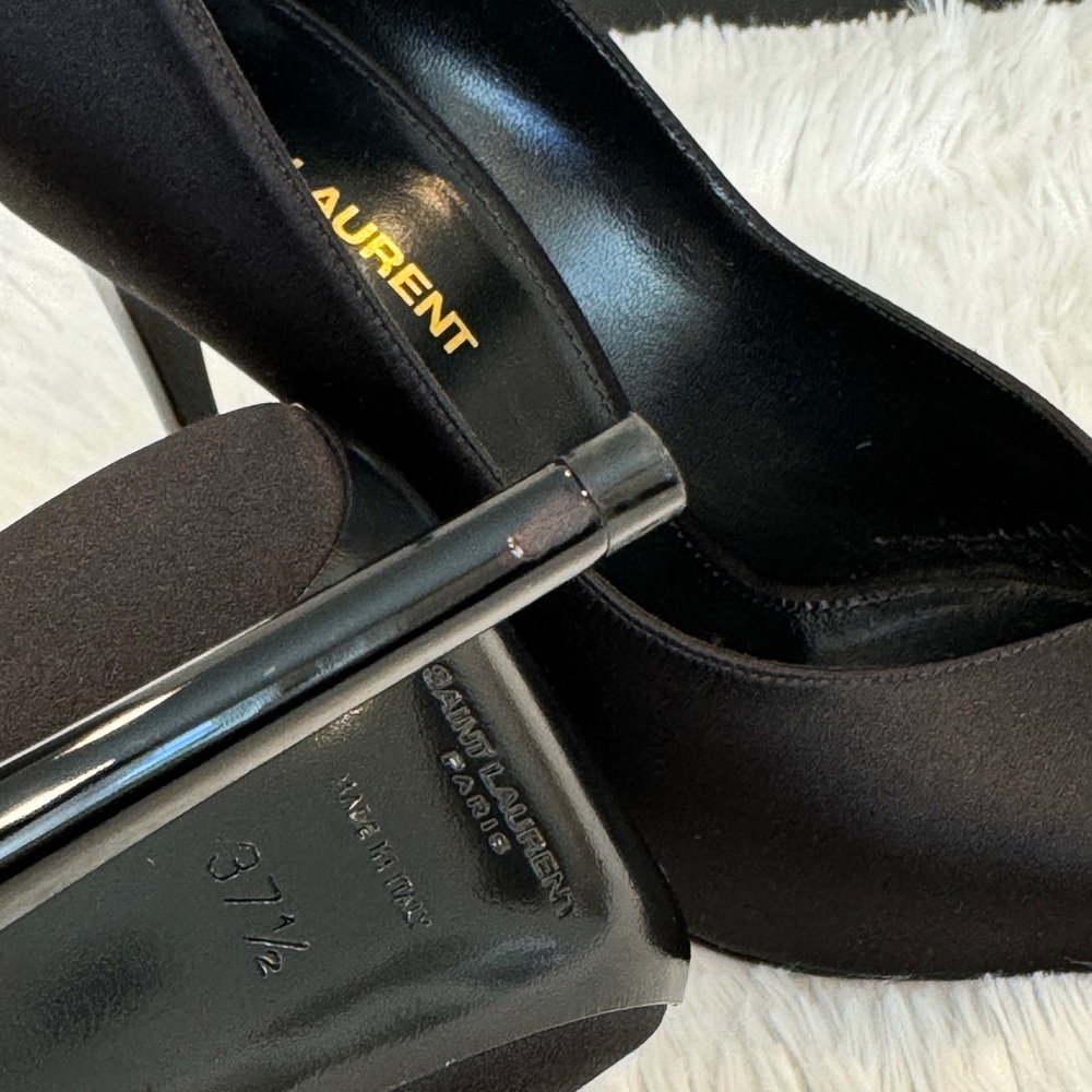 Saint Laurent Black Satin Pointed Toe Pumps with Crystal Trim - Picture 6 of 6
